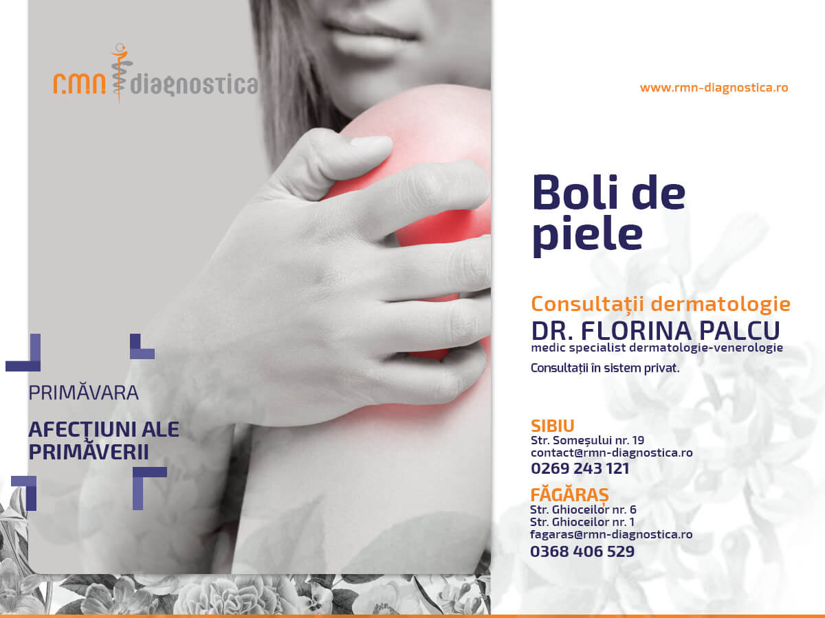 Începând cu această lună, doamna dr. Florina Palcu, medic specialist dermatolog face parte din echipele RMN Diagnostica Sibiu și Făgăraș, fiind absolventă a Facultății de Medicină
